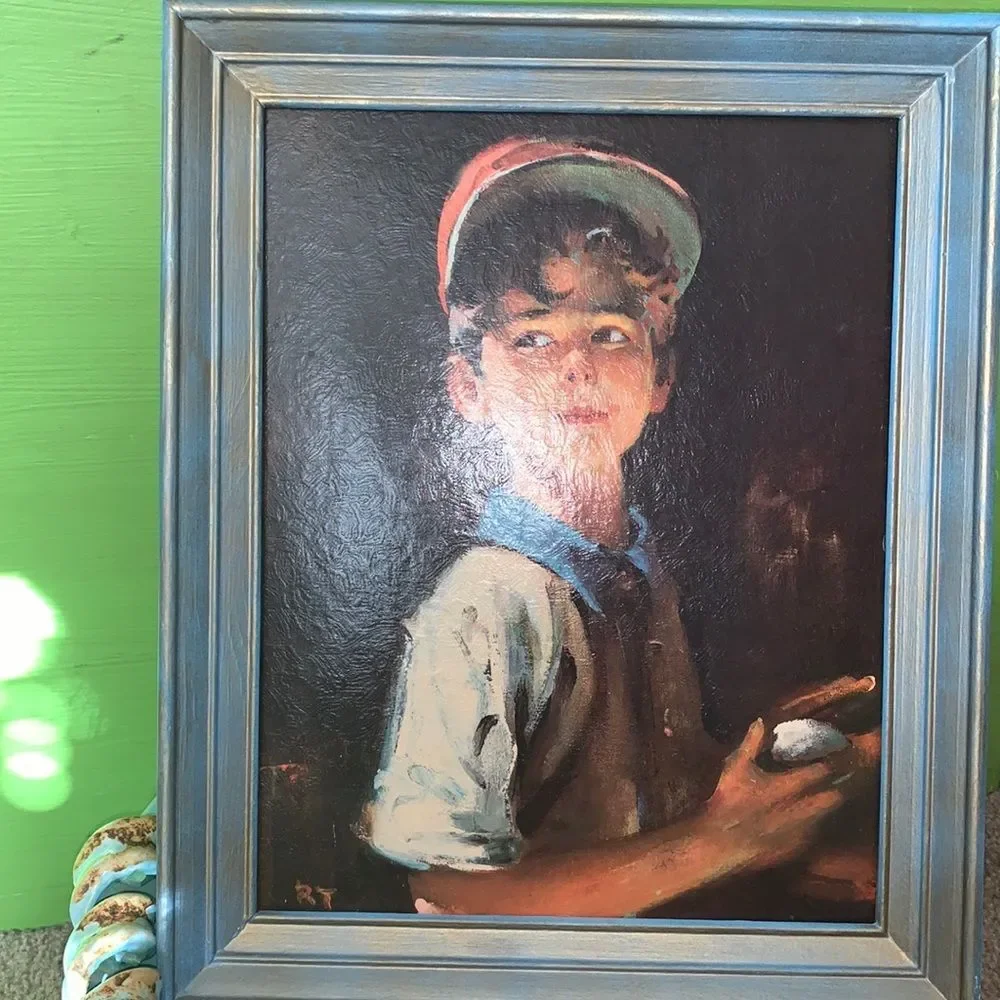 Framed Baseball Portrait Painting 16.5x13.5 Vintage Americana Art